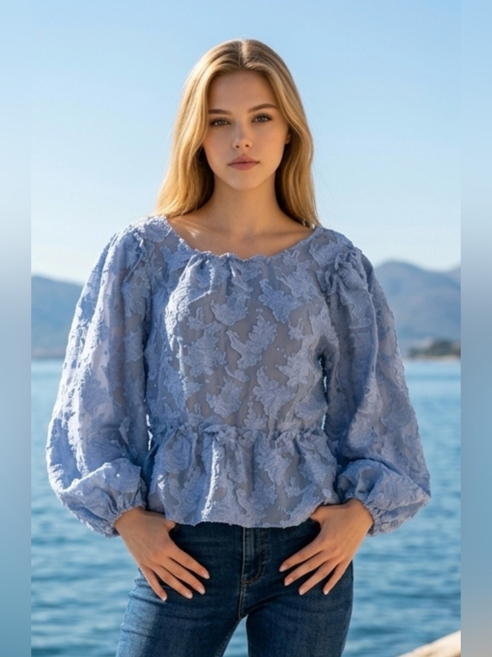 Free People Powder Blue Embroidered Peplum Blouse